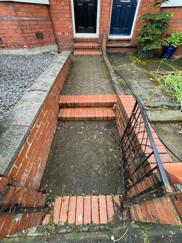 Outdoor entrance steps with green moss before cleaning